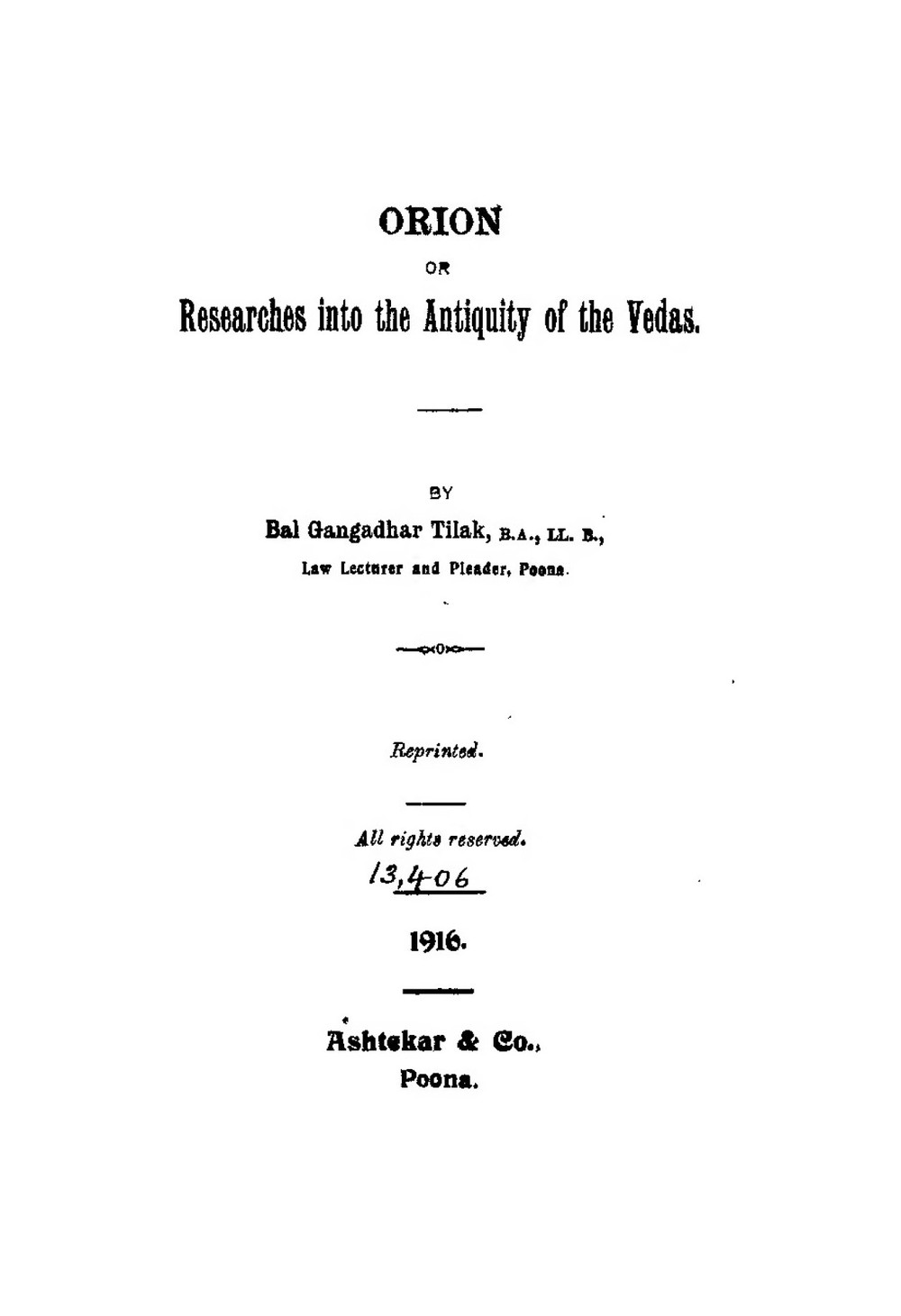Orion, or Researches into the Antiquity of the Vedas
