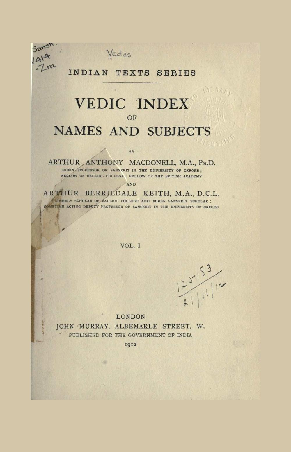Vedic Index of Names and Subjects — Volume 1