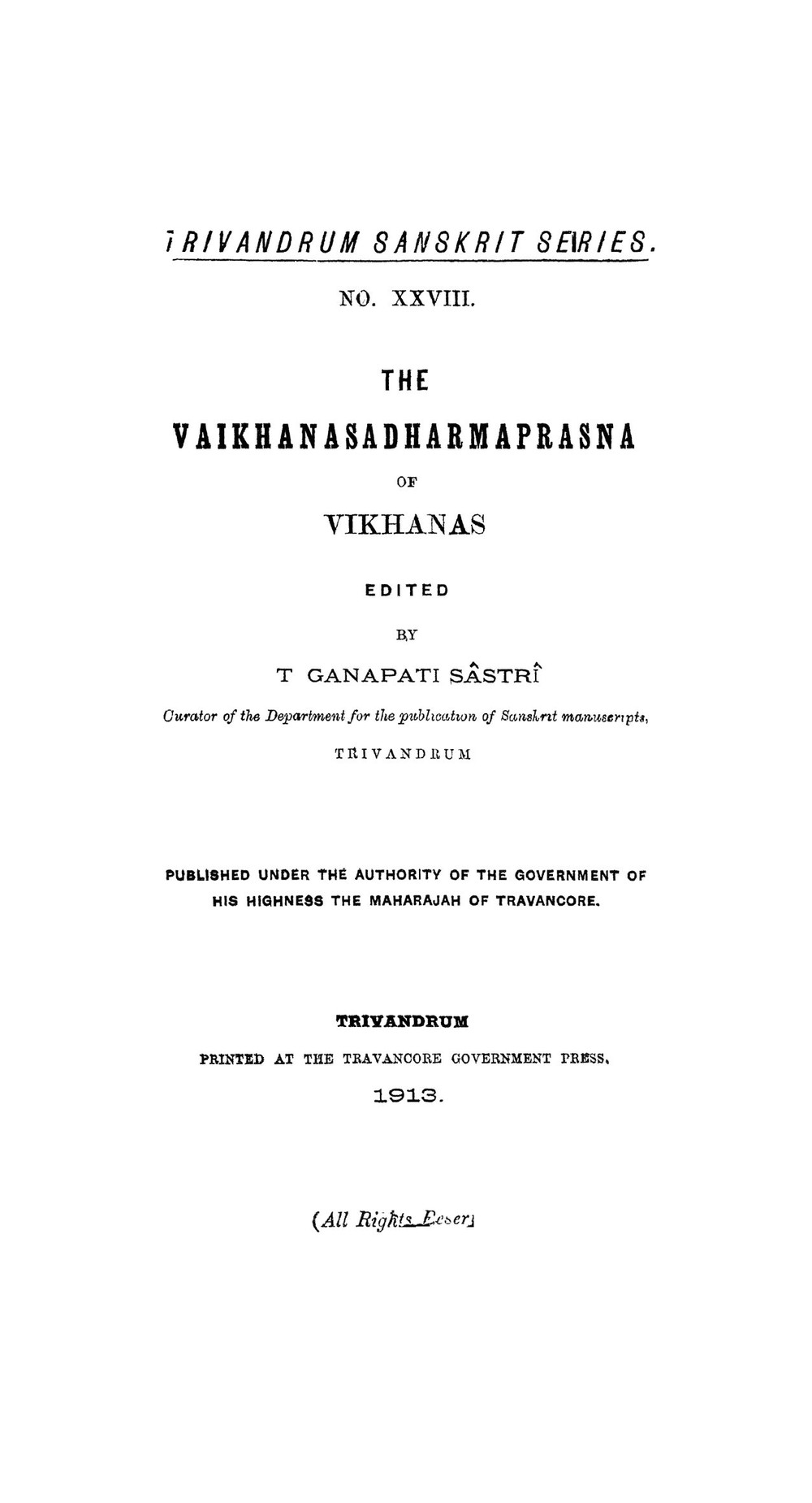 The Vaikhanasa Dharma Prashna (सन् १९१३)