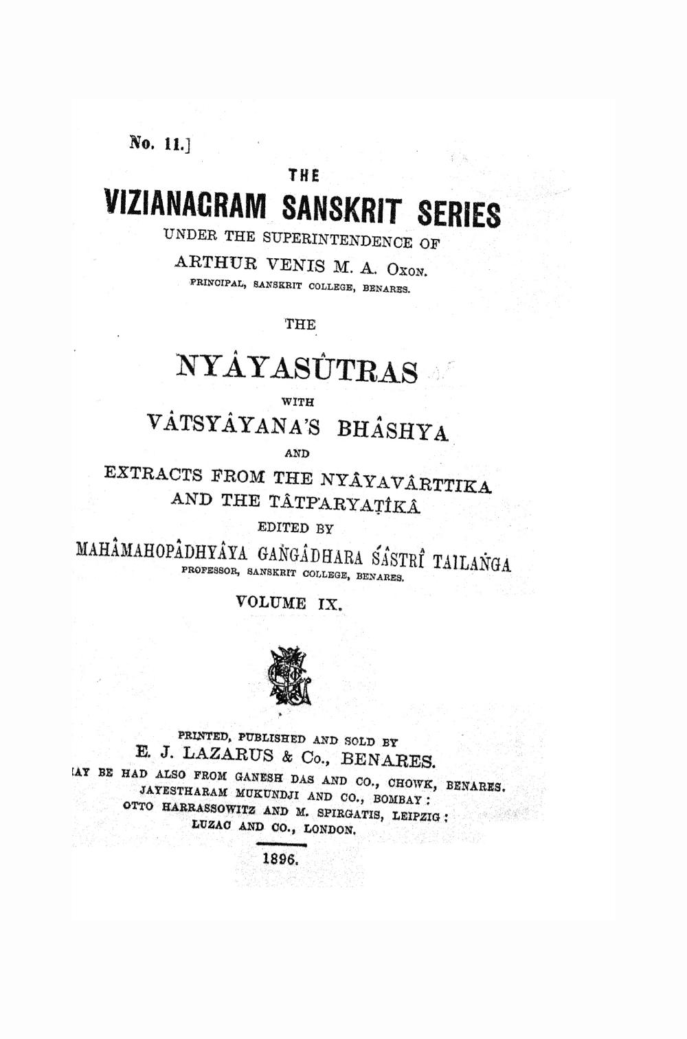 न्यायसूत्राणि (वात्स्यायनभाष्य सहित, सन् १८९६)