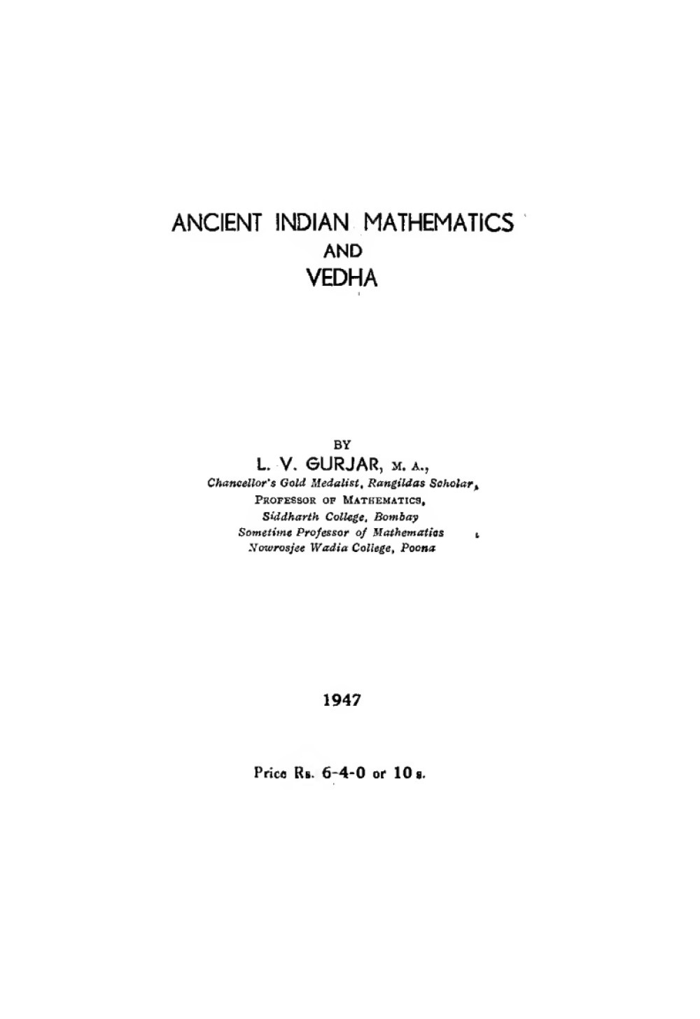 Ancient Indian Mathematics and Veda (सन् १९४७)