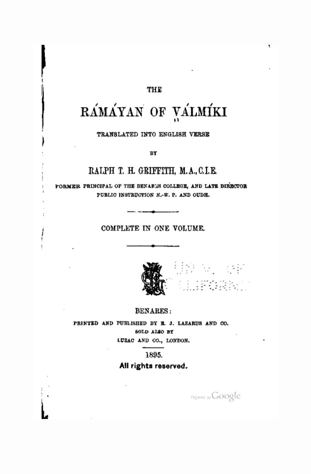 The Ramayan of Valmiki (English verse)