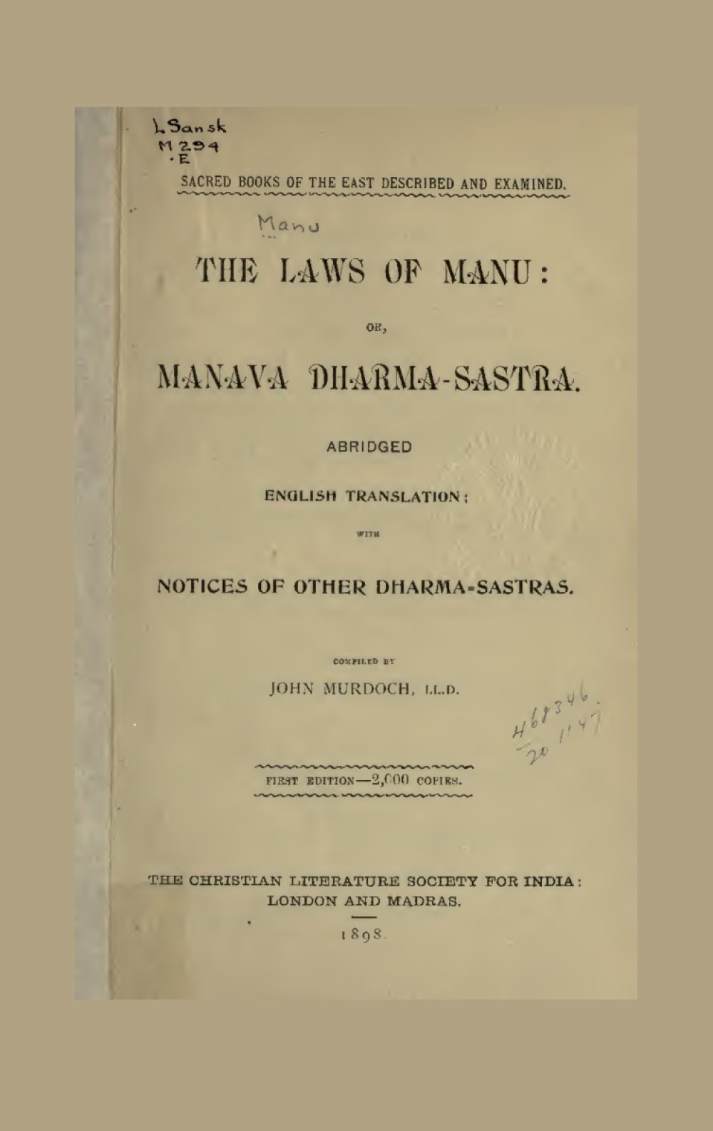 The Laws of Manu, or Manava Dharma-sastra (सन् १८९८)