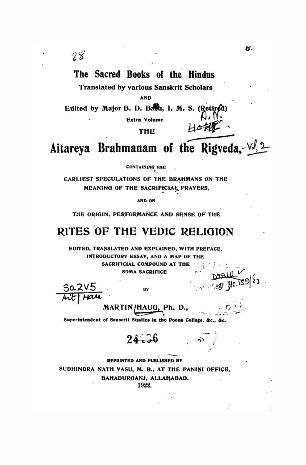 The Aitareya Brahmana of the Rigveda (सन् १९२२)