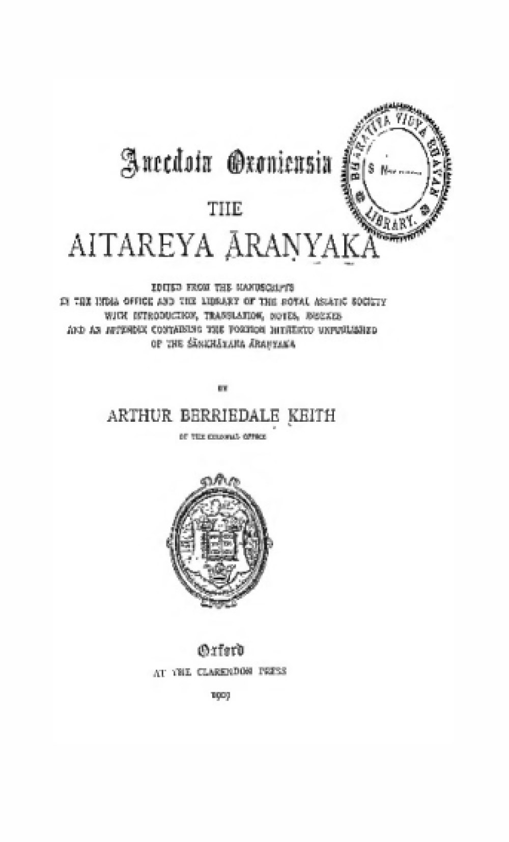 The Aitareya Aranyaka (सन् १९०९)