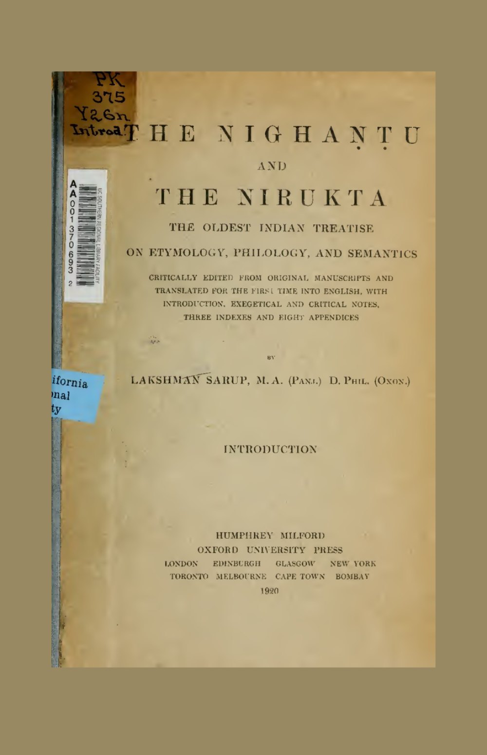 The Nighantu and the Nirukta (सन् १९२०)