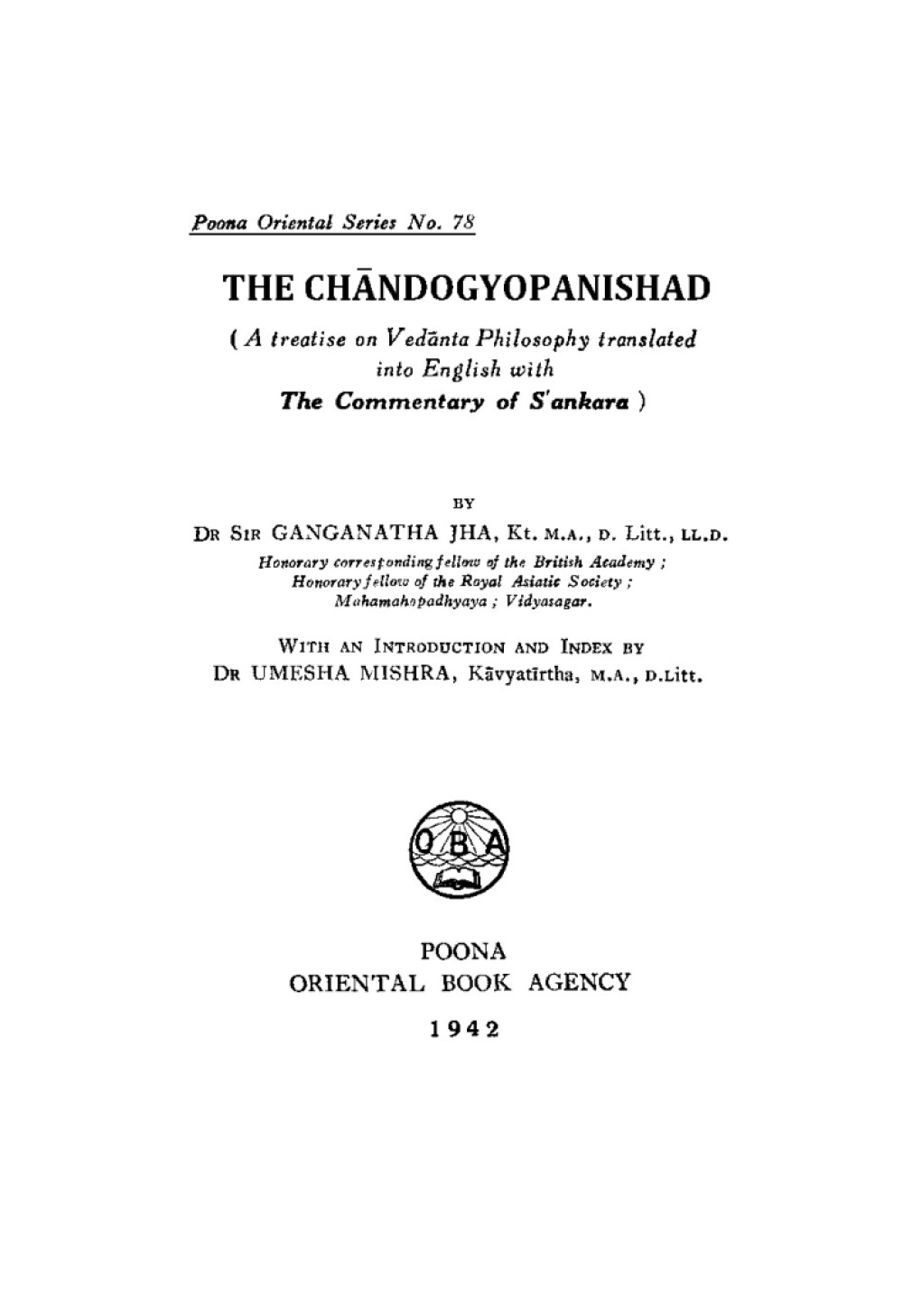 Chandogya Upanishad, with the Bhashya of Shankaracharya (सन् १९४२)