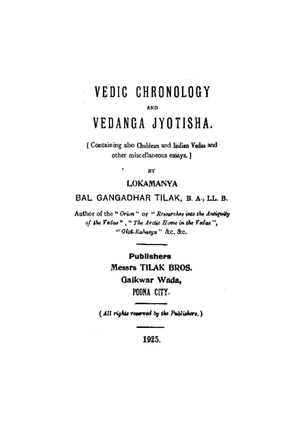 Vedic Chronology and Vedanga Jyotisha (सन् १९२५)