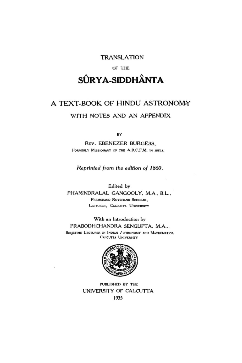 Translation of the Surya-Siddhanta (सन् १९३५)