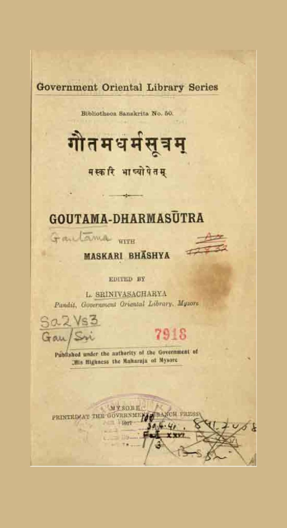 गौतमधर्मसूत्रम् — मस्करिभाष्य सहित (सन् १९१७)