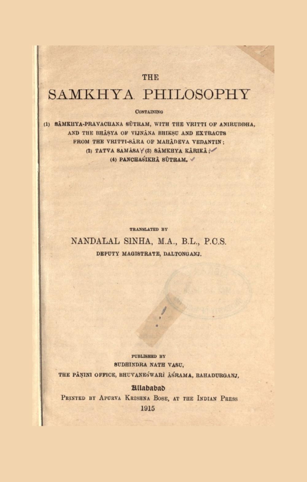 The Samkhya Philosophy (Sacred Books of the Hindus, Vol. XI, 1915)