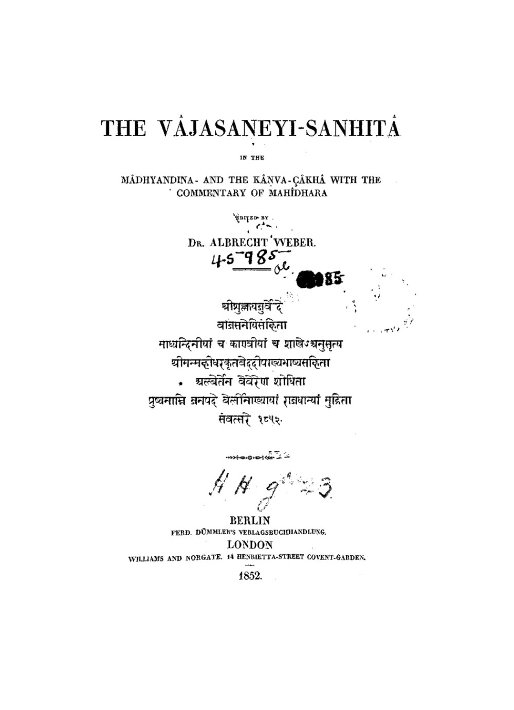 The Vajasaneyi-Sanhita — White Yajurveda, Part I (1852)