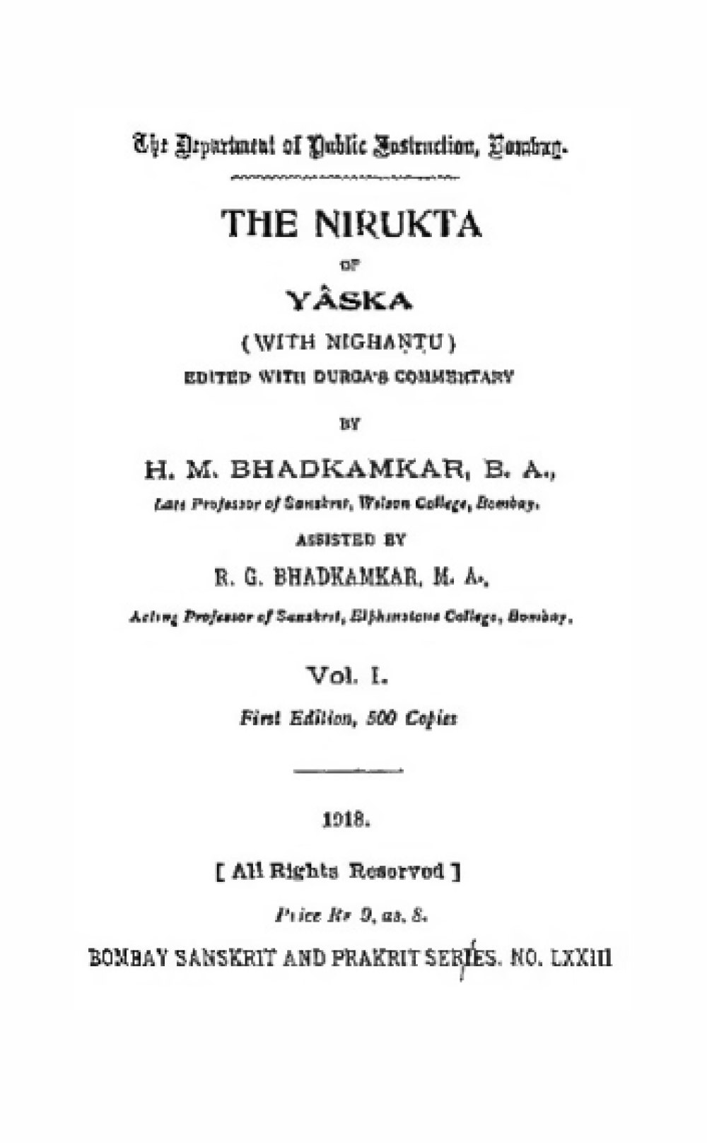 The Nirukta of Yaska — Volume I (1918)