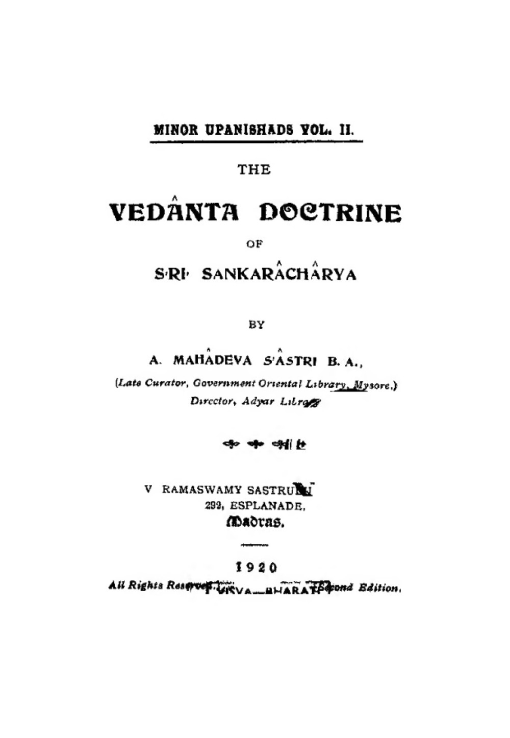 The Vedanta Doctrine of Sri Sankaracharya (1920)