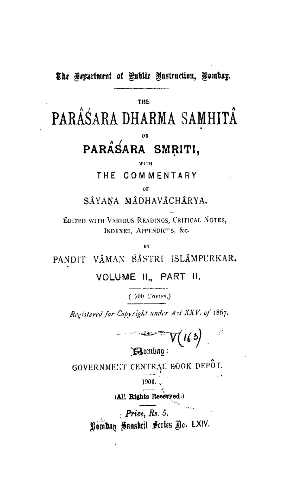पराशरधर्मसंहिता (पराशरस्मृतिः) — माधवीय व्याख्या सहित (सन् १९०६)