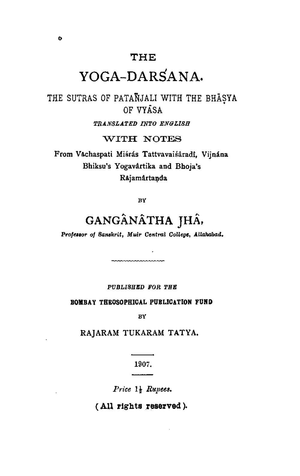 The Yoga-Darsana — Sutras of Patanjali with the Bhasya of Vyasa (1907)