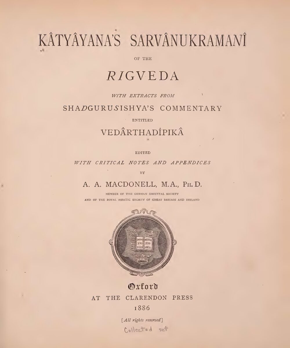 Katyayana's Sarvanukramani of the Rigveda (1886)