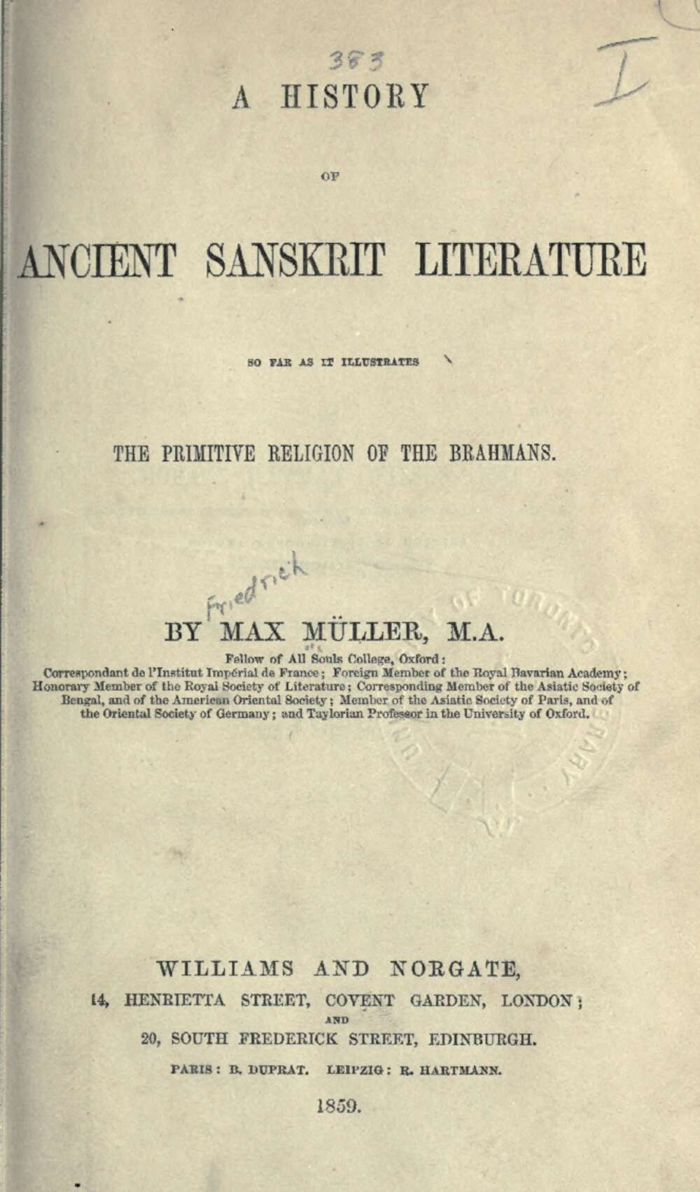A History of Ancient Sanskrit Literature (1859)