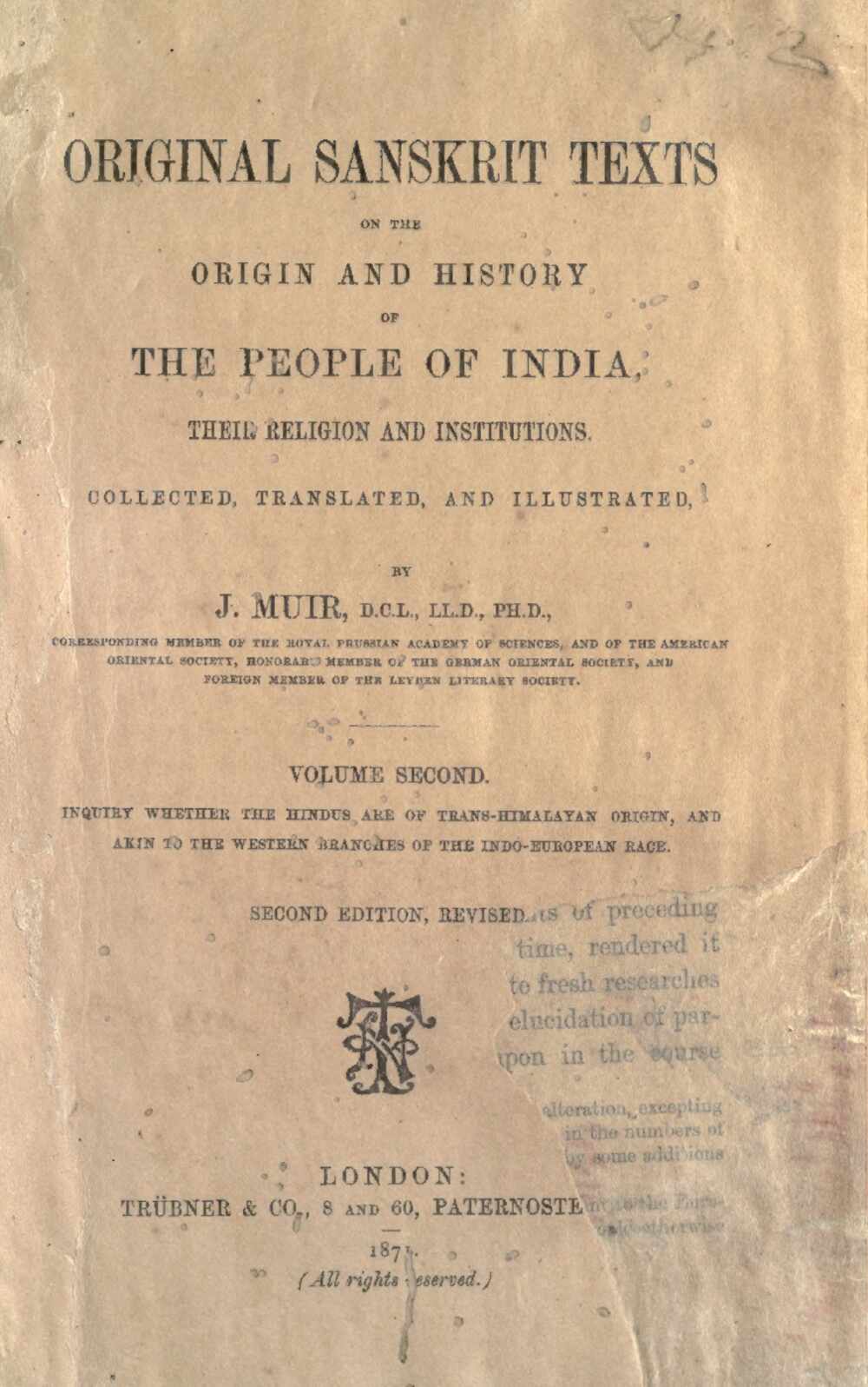 Original Sanskrit Texts — Vol. II: The Trans-Himalayan Origin of the Hindus
