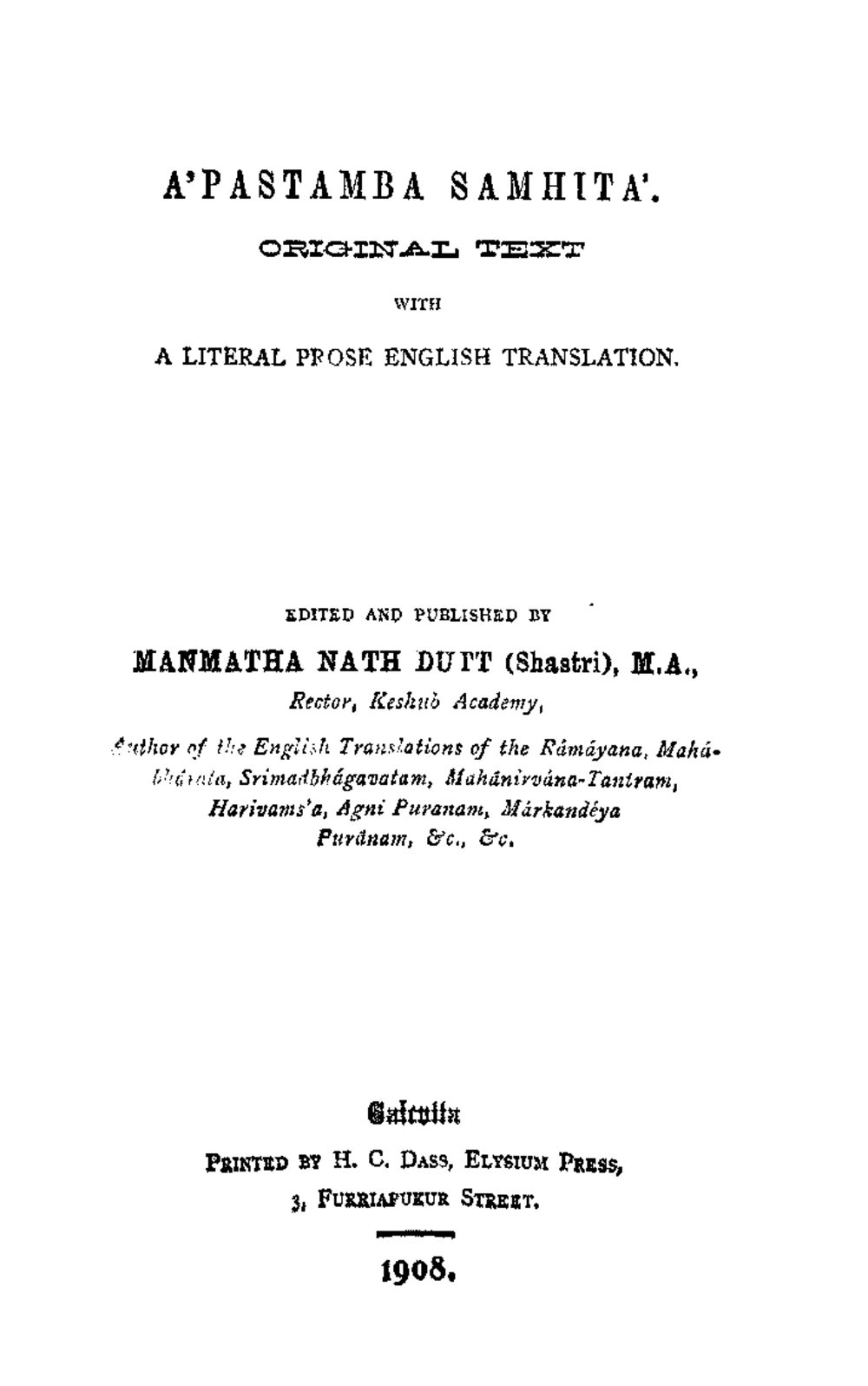 Apastamba Samhita — English Translation (1908)