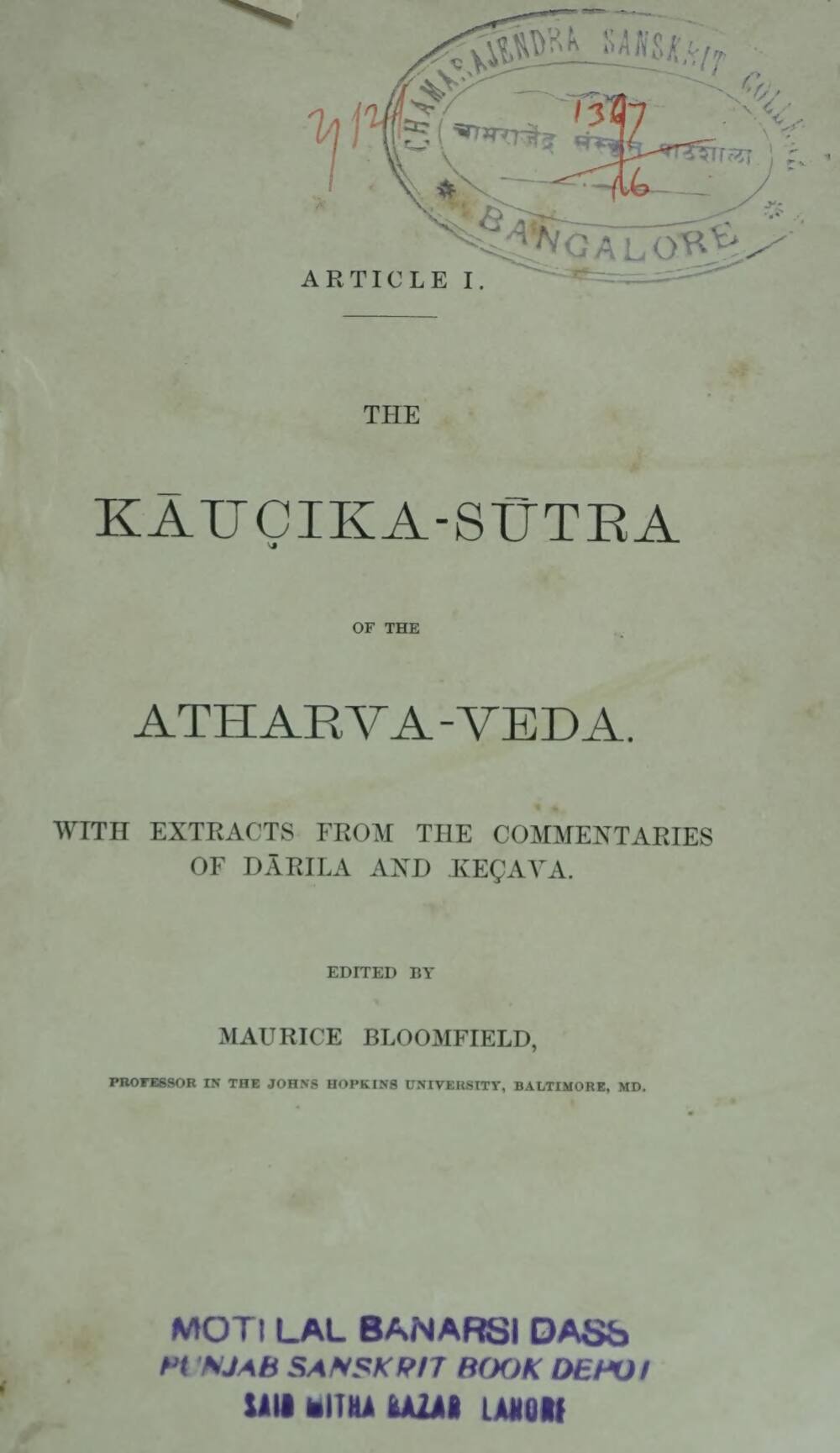 The Kausika Sutra of the Atharva Veda (1890)